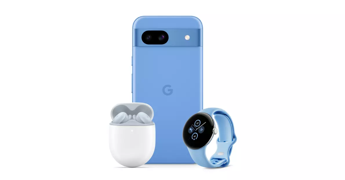Google Pixel Familie blau mit Pixel Buds und Watch