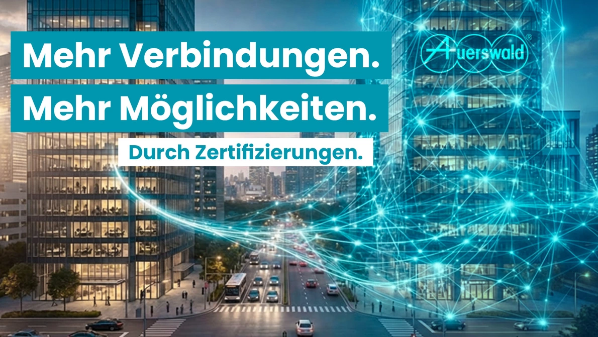 Digitale Verknüpfung von zwei Gebäuden mit Kampagnenname im Vordergrund