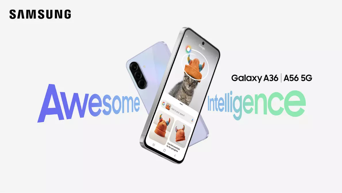Samsung Galaxy A Serie Schriftzug Awesome Intelligence mit Galaxy A Serie Gerät in der Mitte