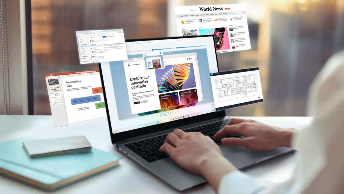 Samsung Books mit Galaxy AI Samsung Book mit schwebenden Fenstern über dem Bildschirm