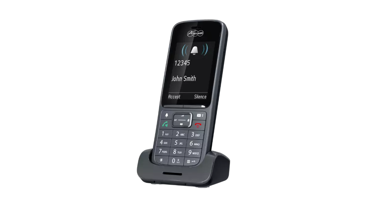 COMfortel M-720 Frontalansicht auf das COMfortel M-720 mit angeschalteten Display