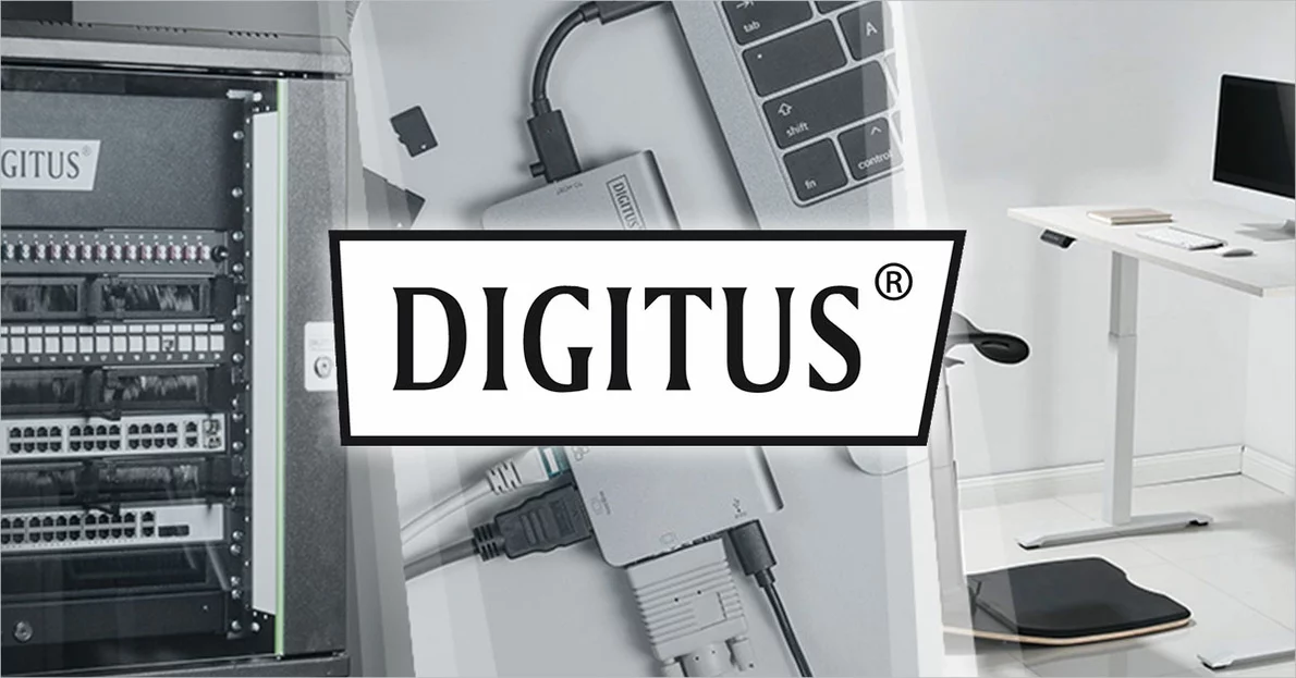 DIGITUS Logo mit Produktauswahl im Hintergrund