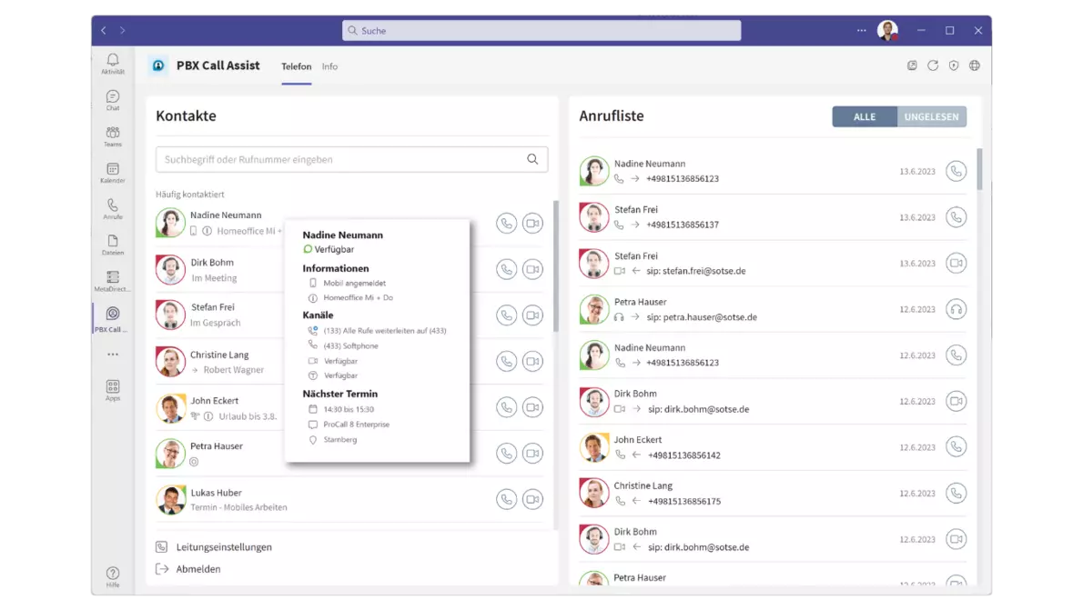 COMfortel Call Assist 5 Screenshot von Microsoft Teams wo Call Assist 5 anrufen vereinfacht