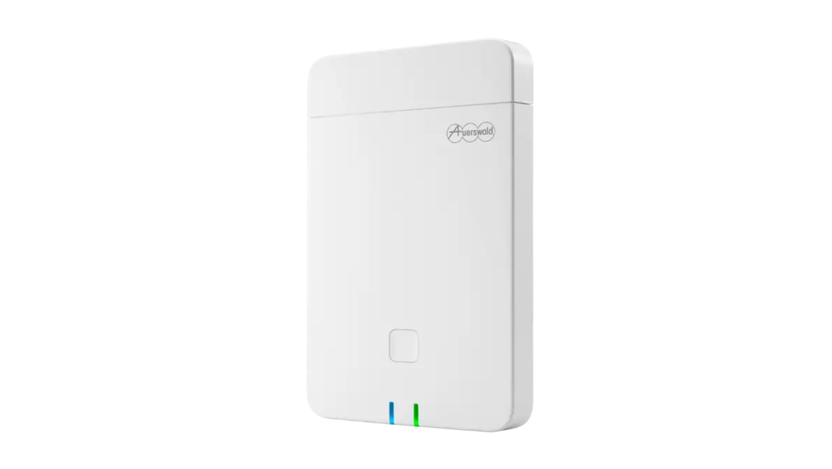 COMfortel-WS500S Seitenansicht auf einen kleinen weißen Kasten mit LED-Leuchten und Auerswald-Logo