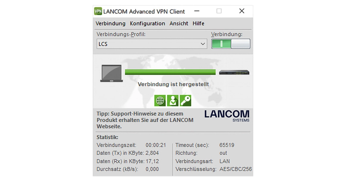 Screenshot des LANCOM VPN Clients im Einsatz