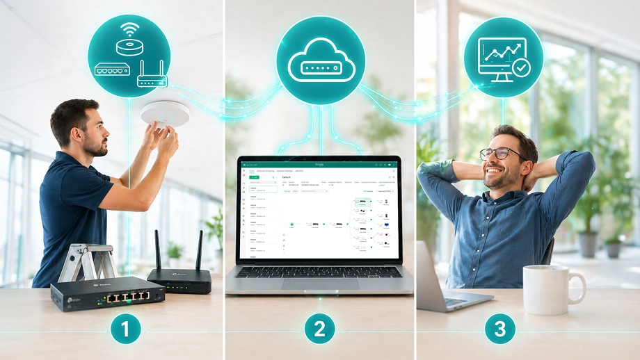 Einrichtung und Verwaltung einer Cloud-Netzwerklösung mit WLAN-Hardware, Dashboard und zentralem Monitoring im Büro