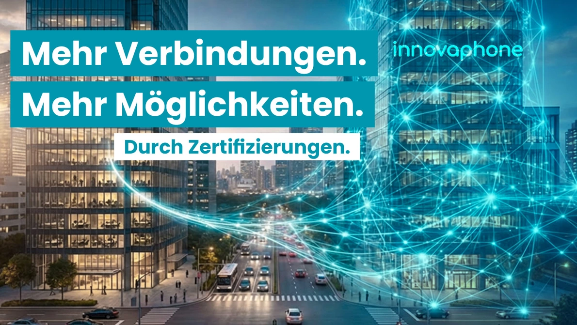 Digitale Vernetzung von zwei Gebäuden mit Kampagnentitel im Vordergrund