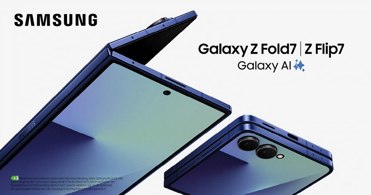 Samsung Galaxy Z-Serie Fold7 und Flip7 nebeneinander mit Schriftzug