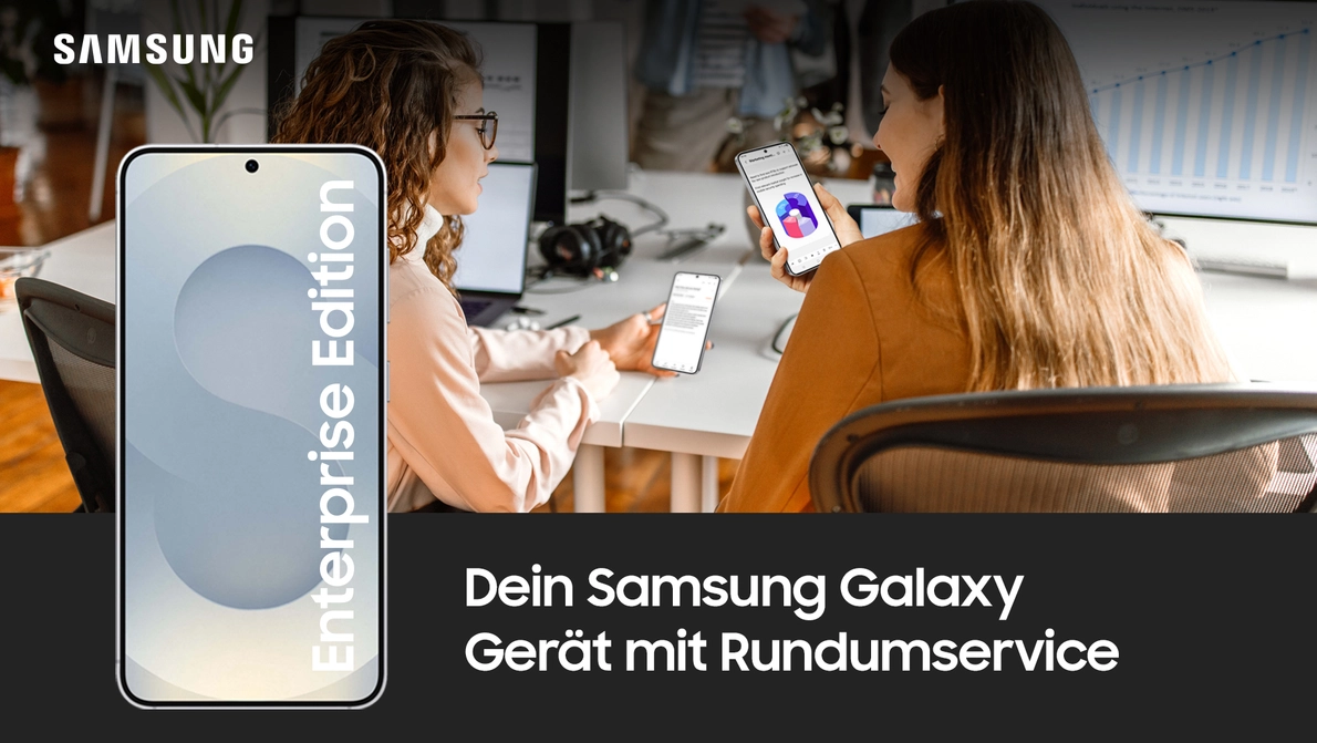 Abbildung eines Samsung Gerätes mit einer Büroszene im Hintergrund