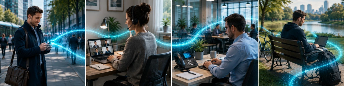 Mobile Erreichbarkeit mit WiFi-Phones Hybrides Arbeiten mit Yealink Kommunikationslösungen im Büro, Homeoffice und unterwegs nahtlos vernetzt.