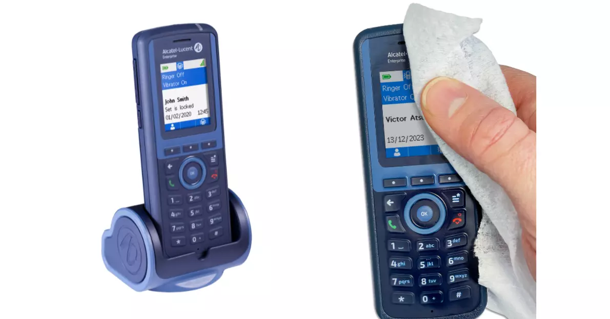 Ein DECT Telefon von Alcatel-Lucent wird mit einem Putztuch gereinigt