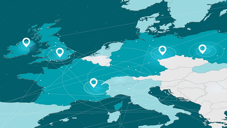 Karte mit den Pins der KOMSA Standorte in Europa 