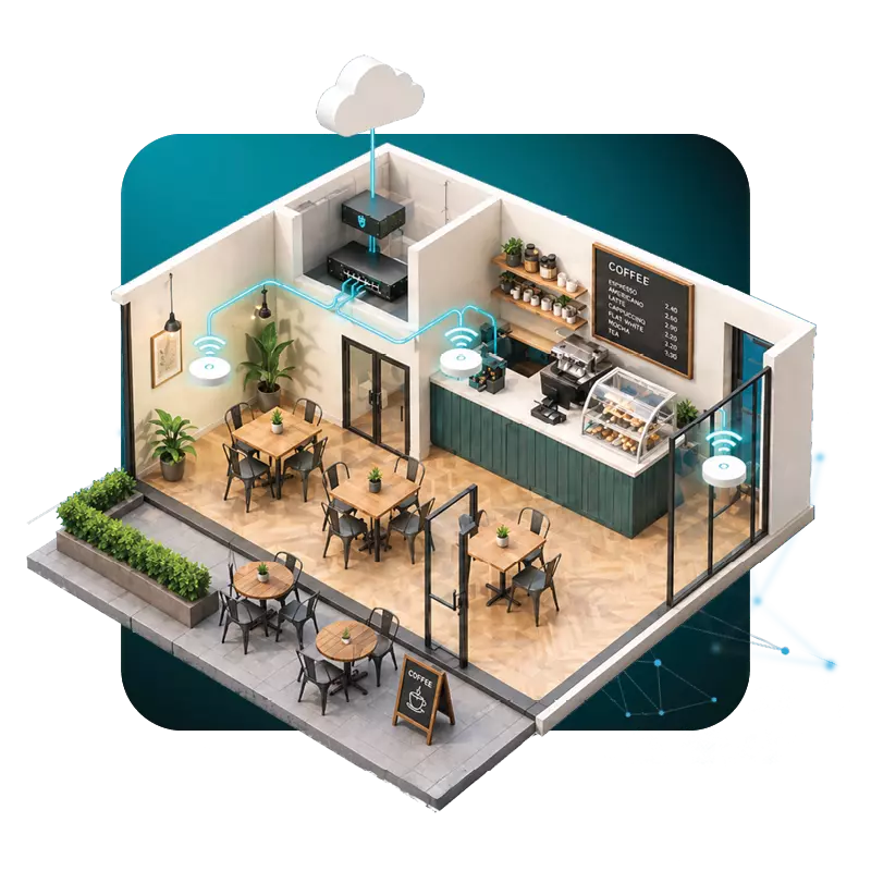 Vernetztes Café mit cloudbasiertem WLAN, Access Points, Switches und zentralem Netzwerkmanagement