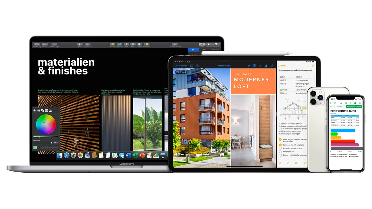 Apple Ökosystem im Unternehmen Zusammenstellung von MacBook iPad und iPhone mit diversen Softwareanwendungen