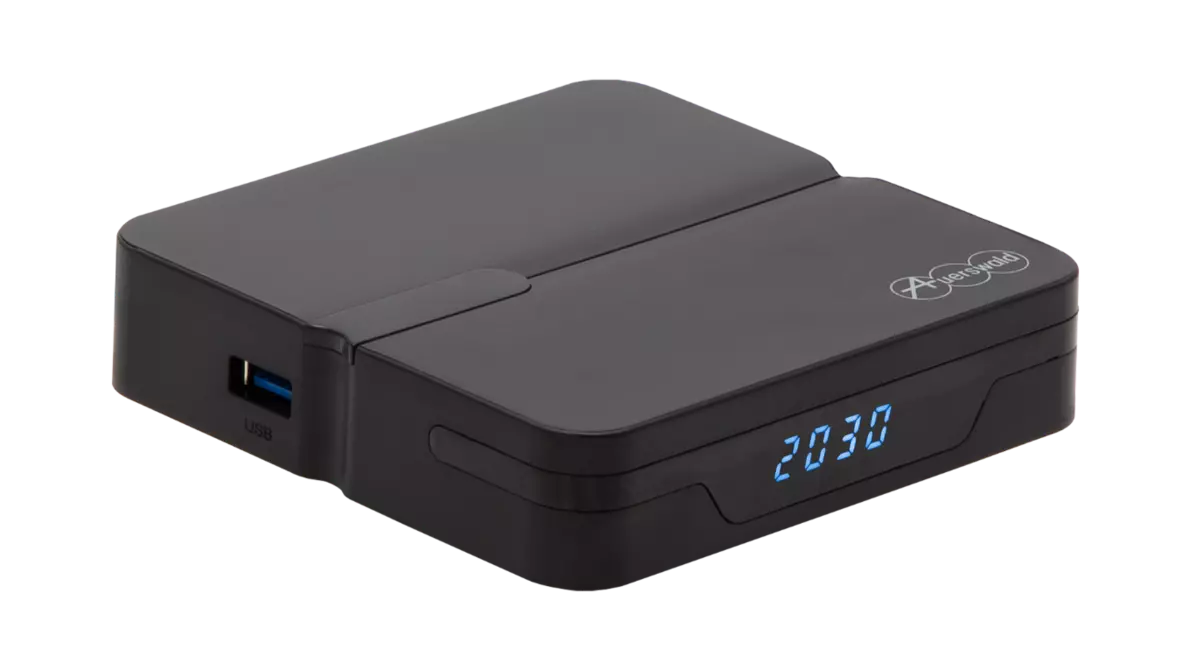 COMtrexx Next Seitenansicht einer schwarzen flachen Box mit LED Zähler und Auerswald Logo
