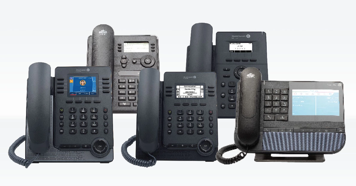 Fünf verschiedene SIP-Telefone von Alcatel-Lucent in zwei Reihen