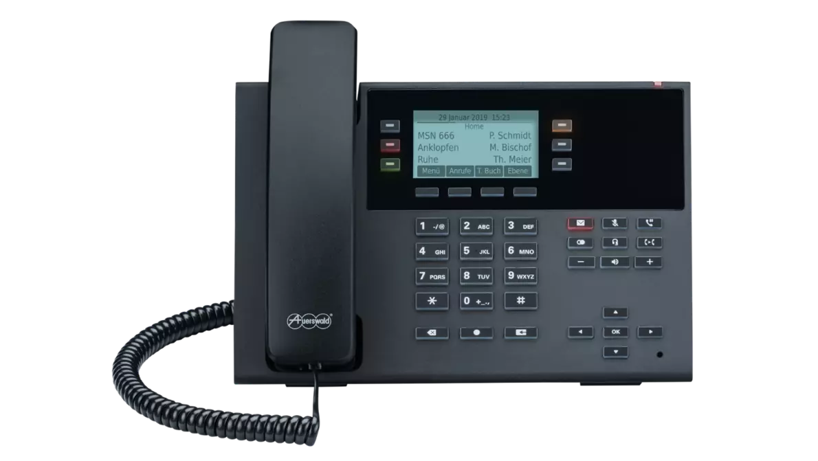 COMfortel D-110 Frontalansicht auf das COMfortel D-110 mit angeschalteten Display