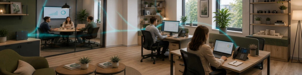 Moderne Bürokommunikation Modernes Büro mit Besprechungsraum, vernetzten Arbeitsplätzen und Yealink Kommunikationslösungen.