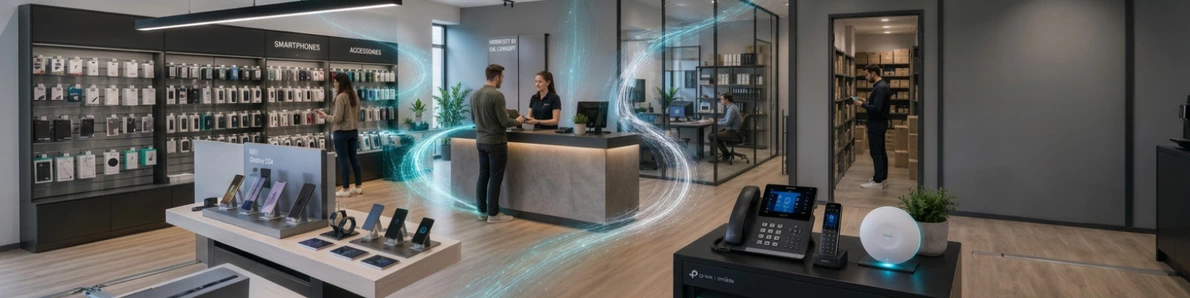 Standort- und Filialprojekte Moderne Verkaufsfläche mit Yealink Kommunikationsgeräten und TP-Link Netzwerktechnik für Unternehmen.