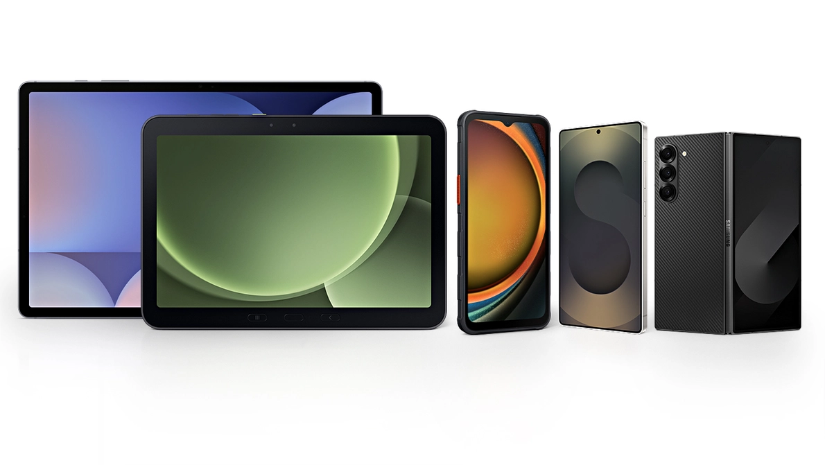 Samsung Lineup für Unternehmen Aufreihung mehrerer Samsung Galaxy Geräte mit bunten Wallpapers