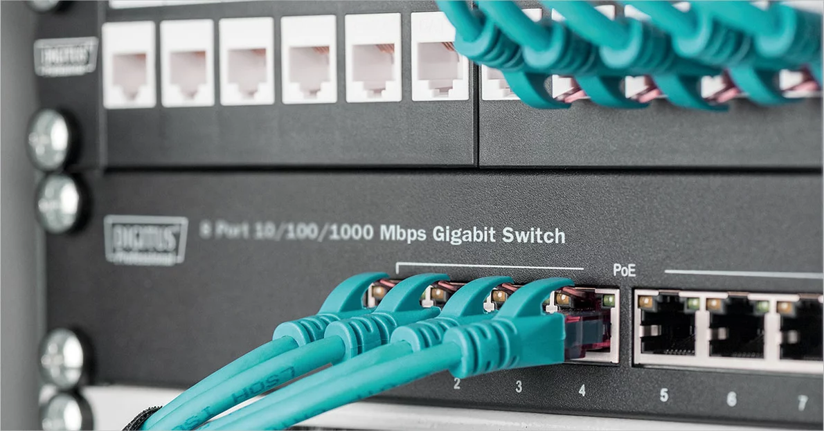 Rückseite Serverschrank türkise LAN-Kabel