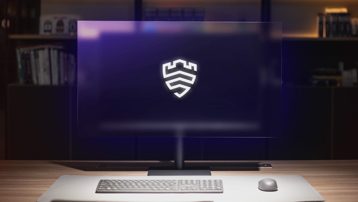 Secured by Knox Banner Bildschirm in dunklen Office mit Knox Logo als Hintergrund