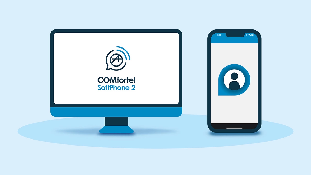 Abbildung eines Monitor und Smartphones mit Auerswald COMfortel
