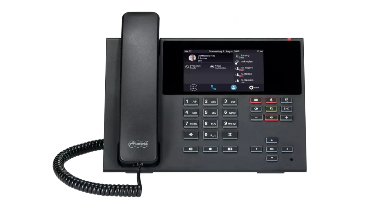 COMfortel D-400 Frontalansicht auf das COMfortel D-400 mit angeschalteten Display