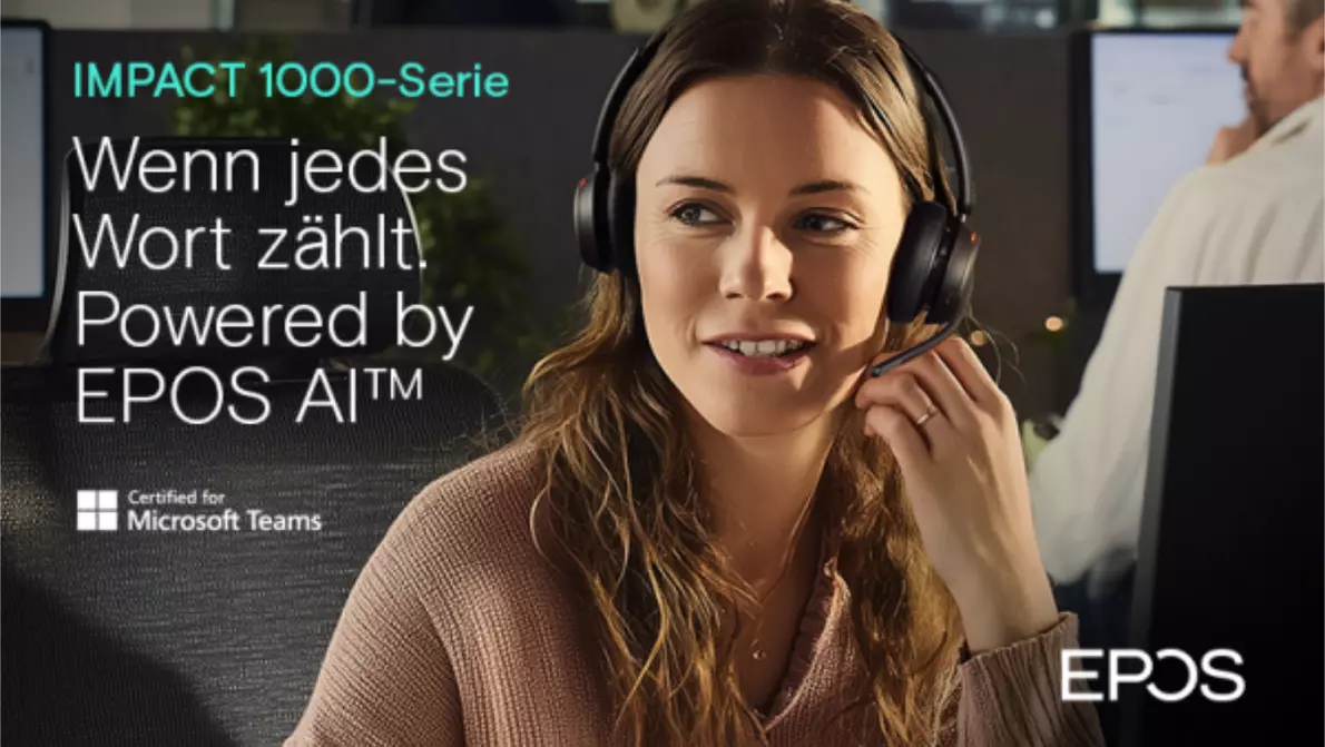 Bannergrafik von EPOS 1000 Serie mit Bild einer Frau mit Headset