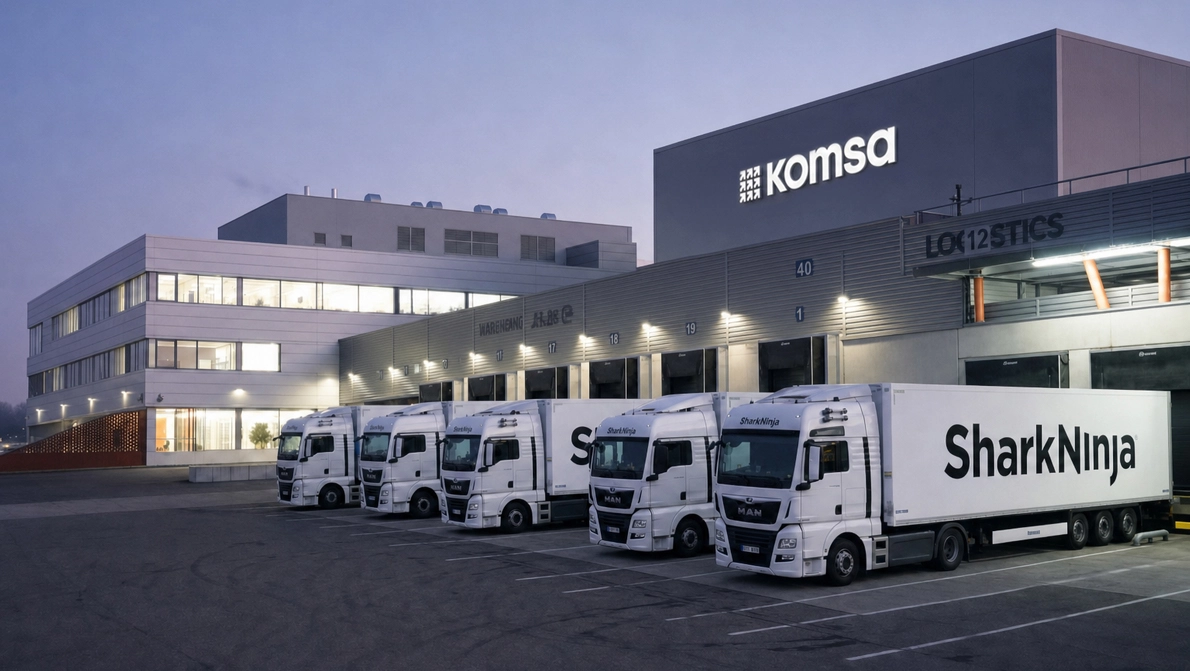 Mehrere SharkNinja LKWs stehen vor der KOMSA Logistik