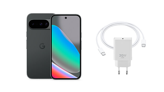 Abbildung eines Pixel 10 Geräts mit Netzteil und Ladekabel