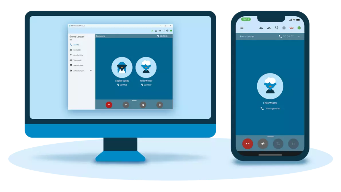 COMfortel SoftPhone2 Infografik zur Zusammenarbeit zwischen Bildschirm und App der COMfortel Lösung