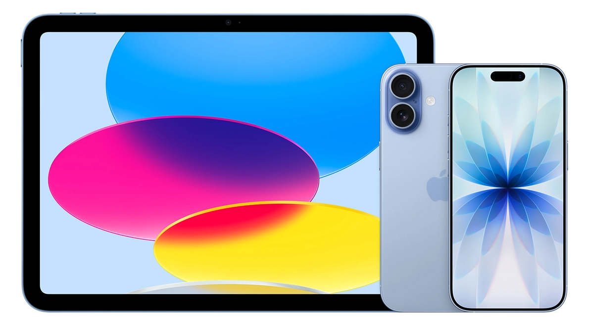 Zusammenstellung von iPad und hellblauen iPhone 17 