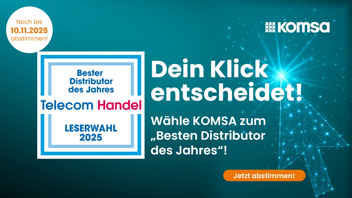 Telecom Handel Umfrage Signet und KOMSA Logo mit Aufforderungstext zur Teilnahme
