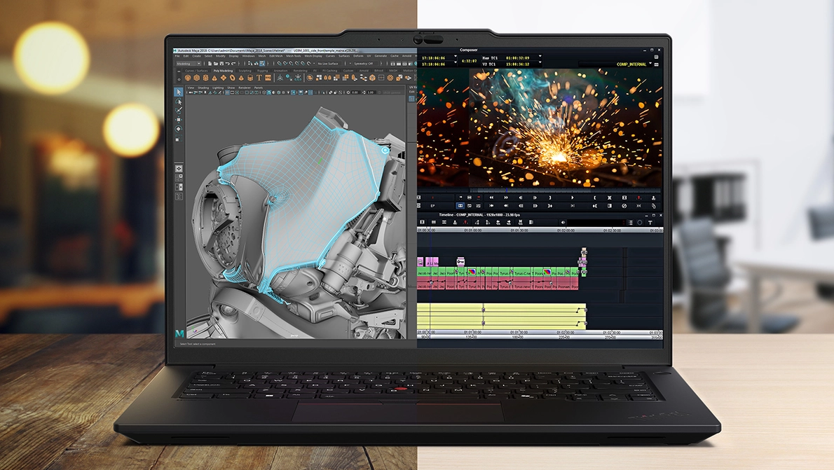 Splitansicht eines Lenovo Notebook mit CAD Software und Videoproduktion geteilt