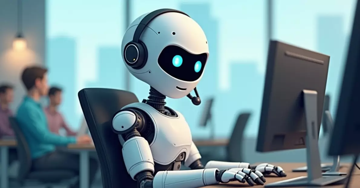 Roboter sitzt im Contact Center am Arbeitsplatz