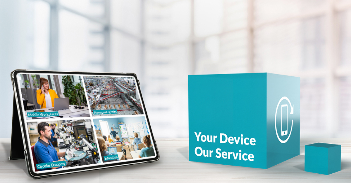 Tablet steht neben türkisfarbener Würfelanimation mit Aufschrift "Device as a Service" und Kreislauf-Icon